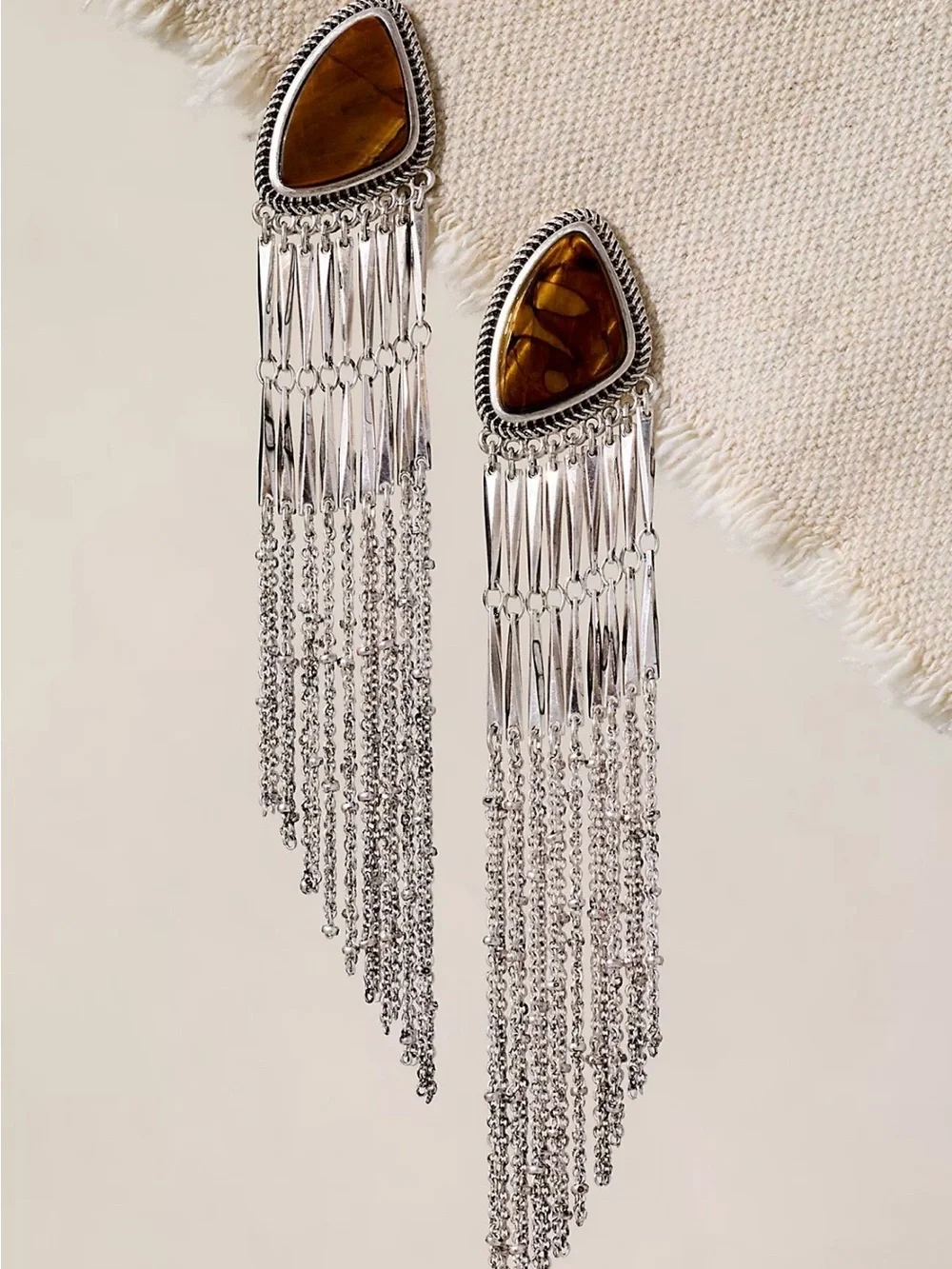 Free People Silver Fringe Earrings with Brown Stone Teardrops